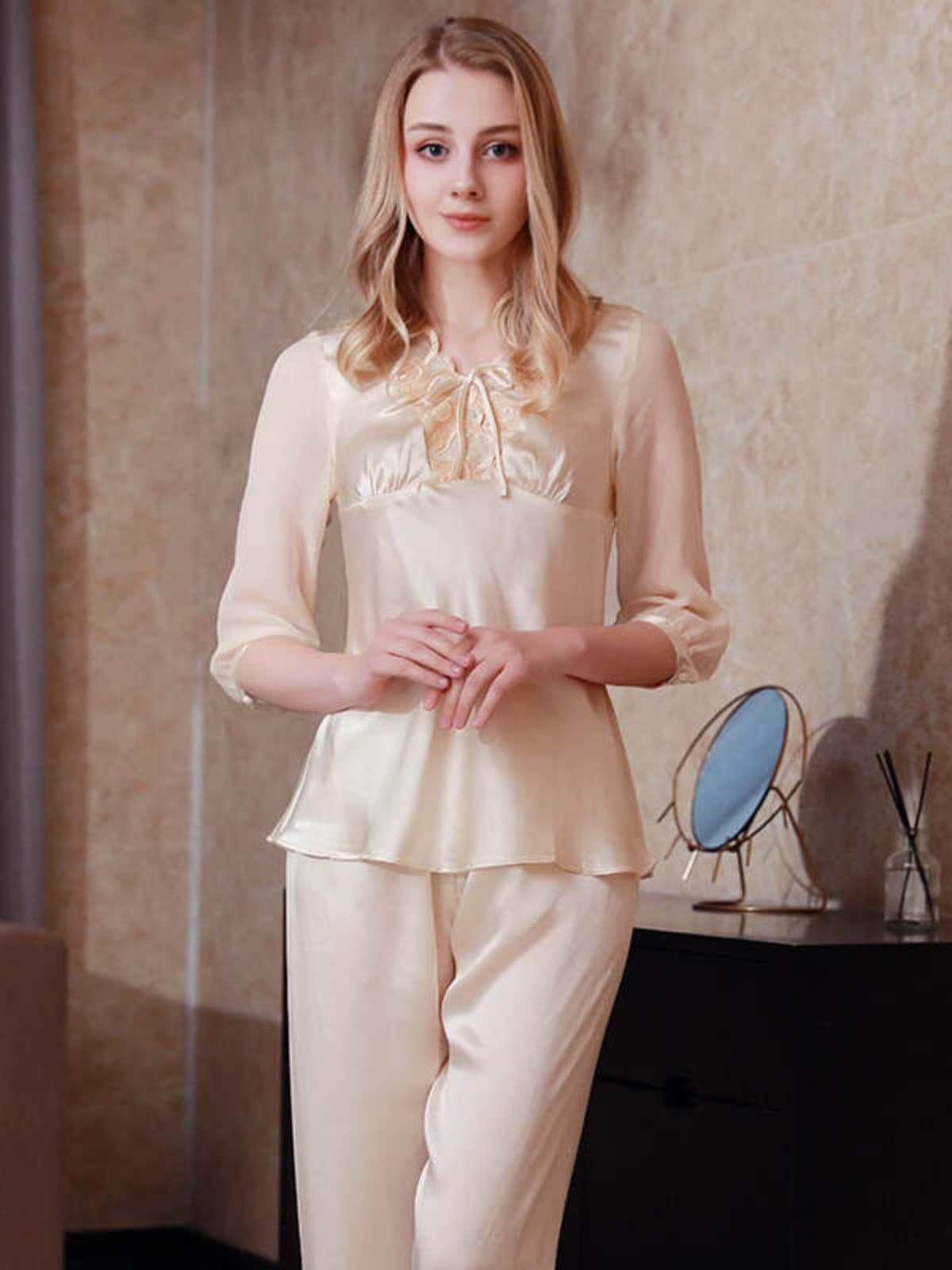 Front view of Lace Silk Pajama Set for Women