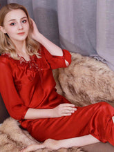 Profile of Lace Silk Pajama Set for Women in wine red