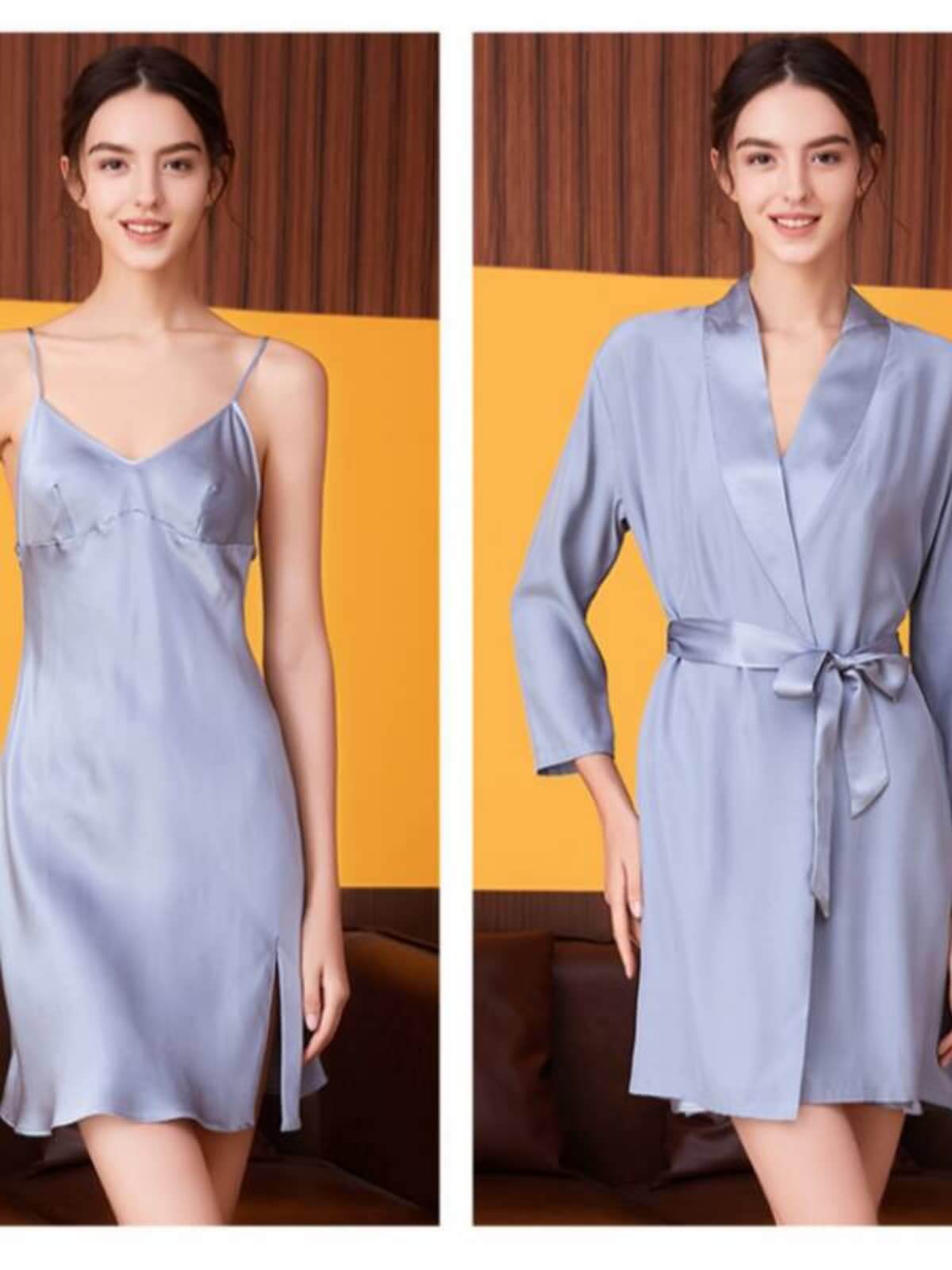 pure silk nightgown robe 2 - piece set in silver color