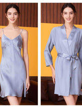 pure silk nightgown robe 2 - piece set in silver color