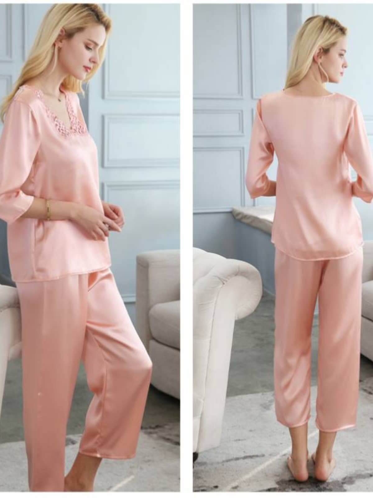 Profile of Lace Mulberry Silk Pajama Set for Women 3/4 Sleeves in pink color