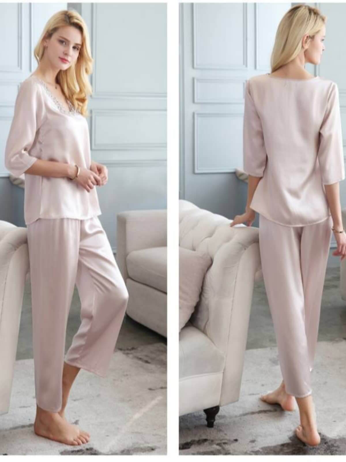 Profile of Lace Mulberry Silk Pajama Set for Women 3/4 Sleeves in pearl color