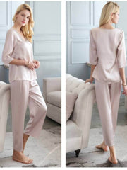 Profile of Lace Mulberry Silk Pajama Set for Women 3/4 Sleeves in pearl color