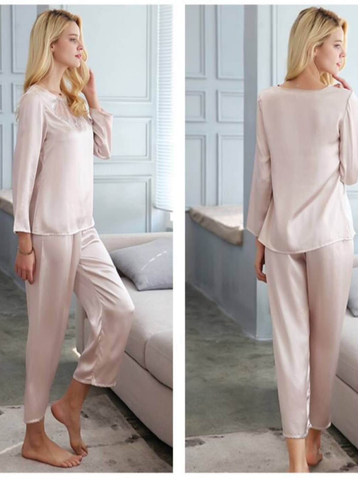 Profile of Simple Lace Silk Pajama Set for Women Long Sleeves in pearl color