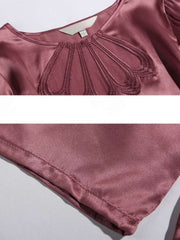 Close-up of Simple Lace Silk Pajama Set for Women Long Sleeves