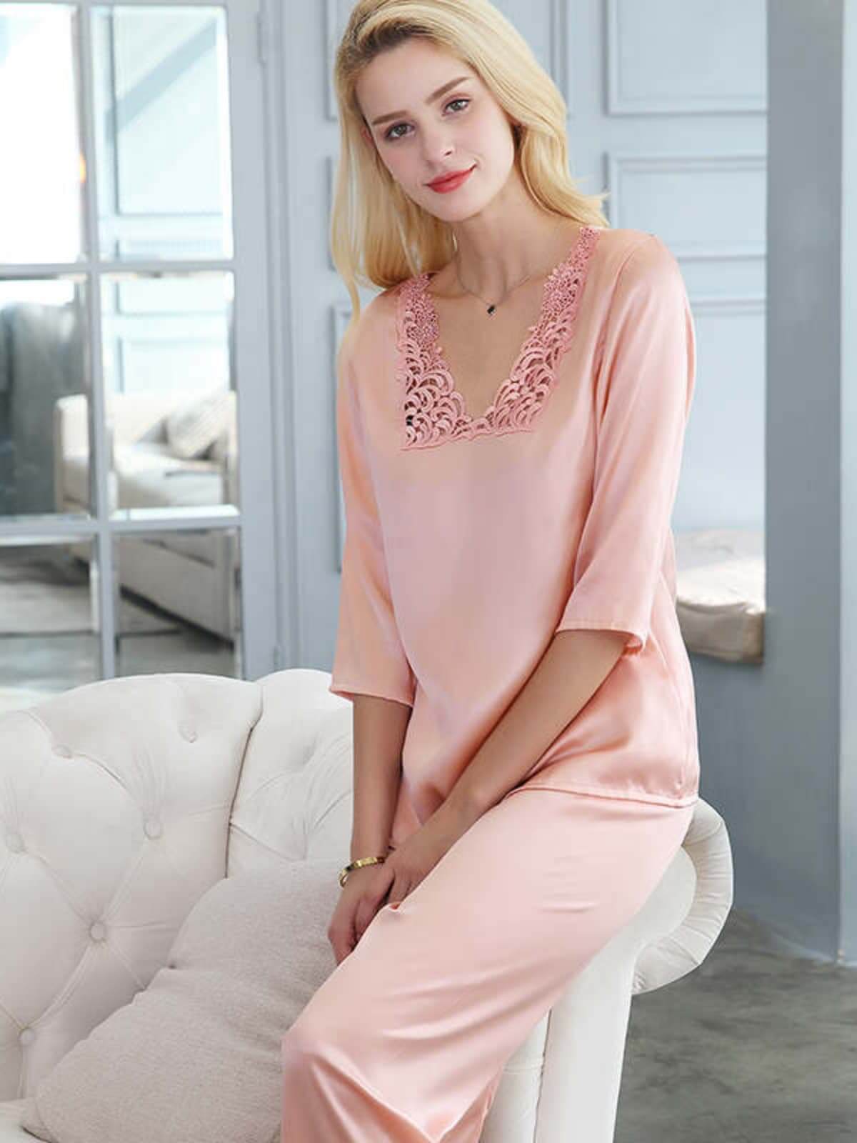 Front view of Lace Mulberry Silk Pajama Set for Women 3/4 Sleeves