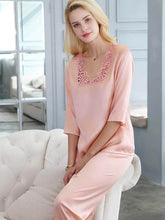 Front view of Lace Mulberry Silk Pajama Set for Women 3/4 Sleeves