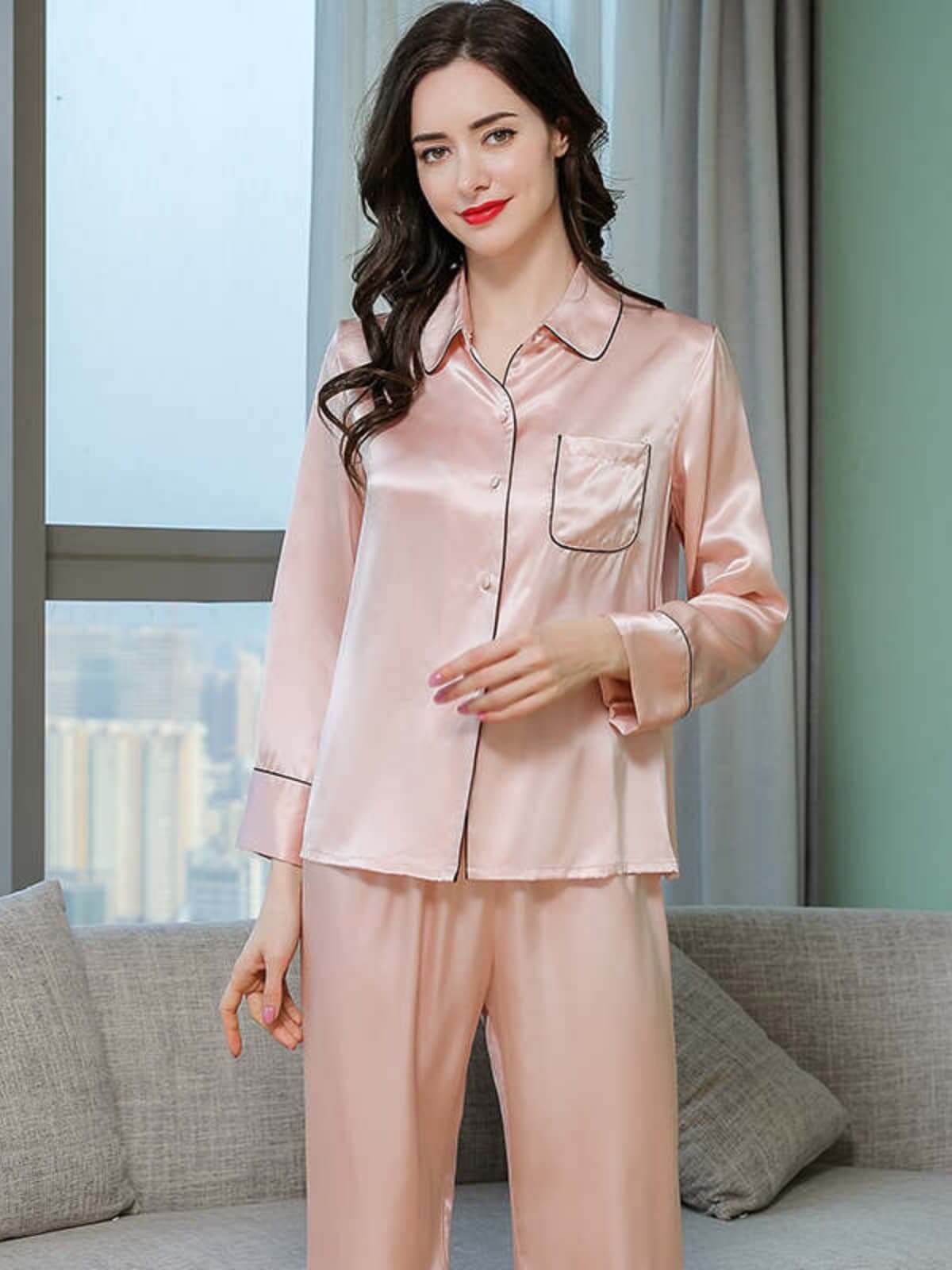 Model wearing Women's Long Sleeve Silk Pajama Set – Soft Sleepwear at home comfortably