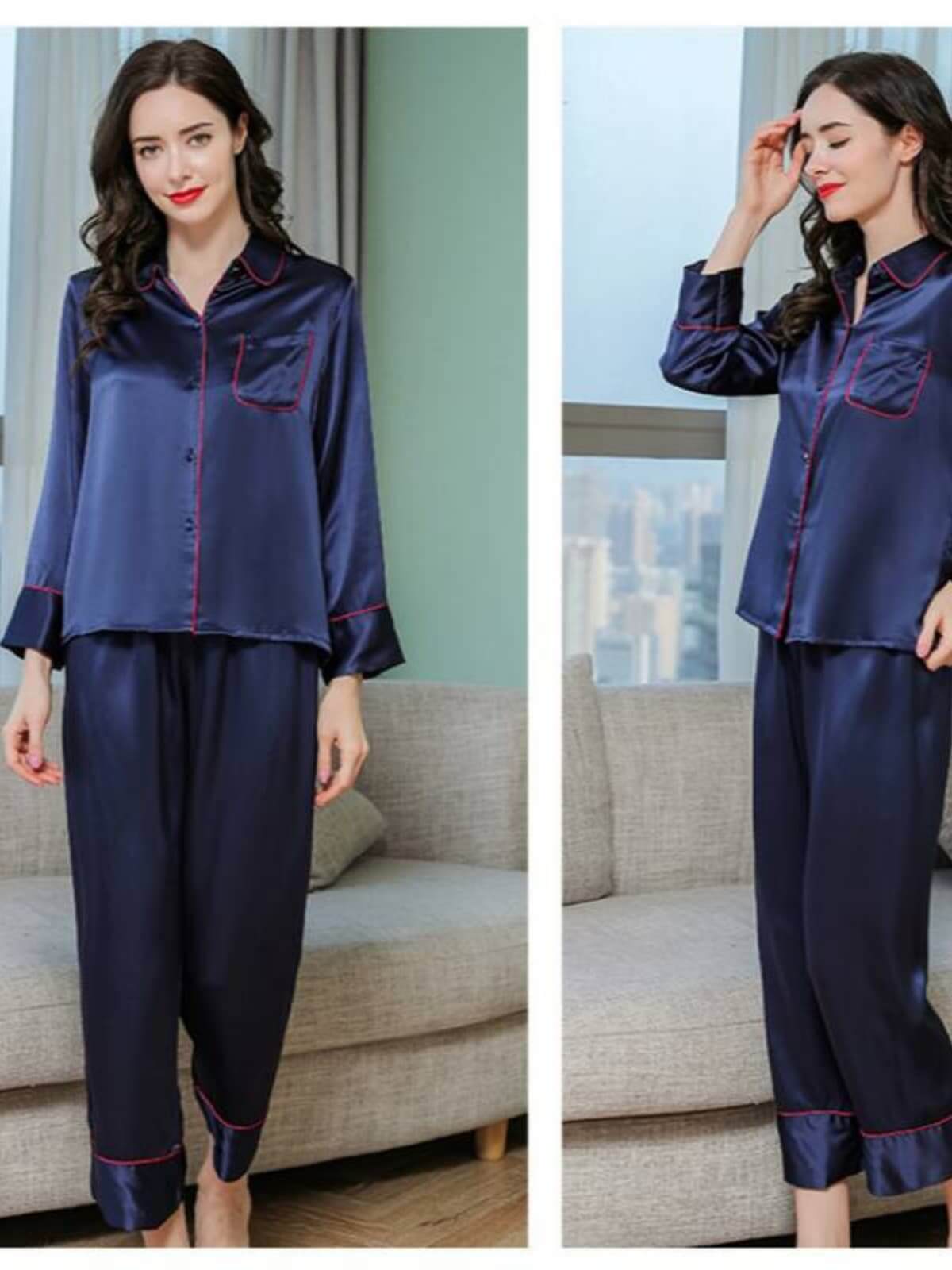 Profile of Women's Long Sleeve Silk Pajama Set – Soft Sleepwear in navy blue