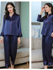 Profile of Women's Long Sleeve Silk Pajama Set – Soft Sleepwear in navy blue