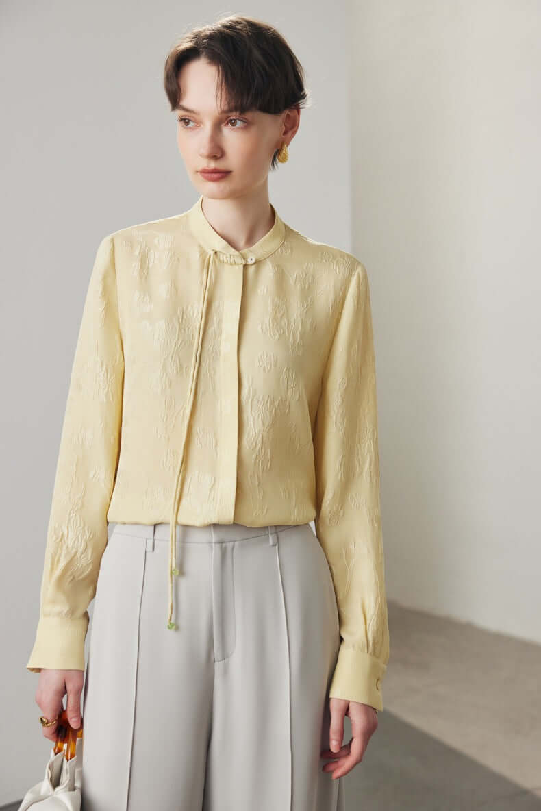 women jacquard ribbon silk blouse/shirt