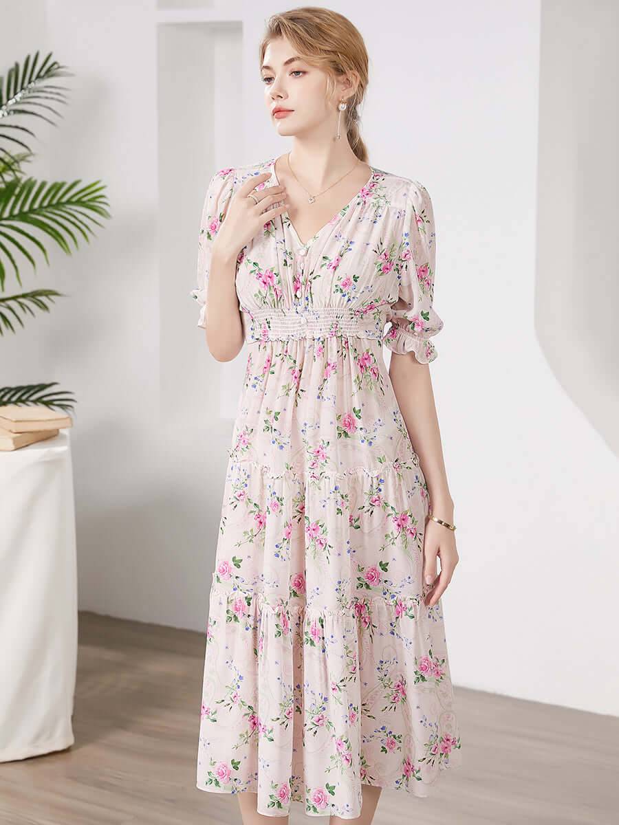 Silkser Summer Women Floral Mulberry Silk Dress