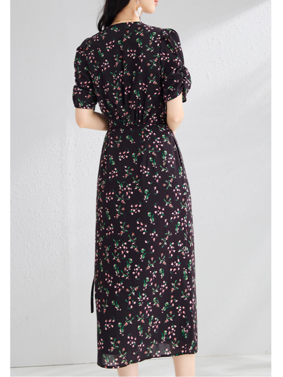 V-Neck Floral Mulberry Silk Maxi Dress