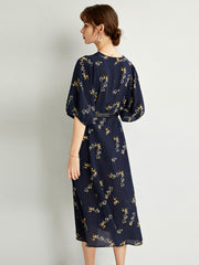 Navy Blue Floral Mulberry Silk Dress