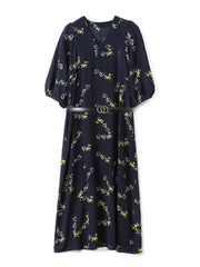 Navy Blue Floral Mulberry Silk Dress