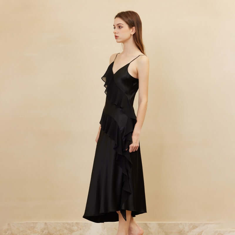 Black Ruffled Silk Slip Dress - SILKSER