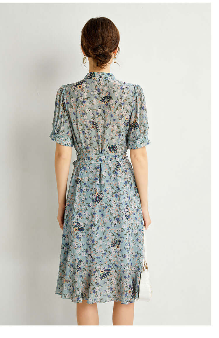 Blue Floral Ruffle Mulberry Silk Dress - SILKSER