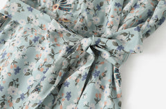 Blue Floral Ruffle Mulberry Silk Dress - SILKSER