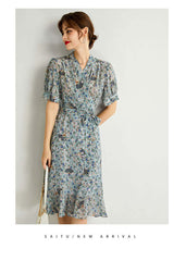 Blue Floral Ruffle Mulberry Silk Dress - SILKSER