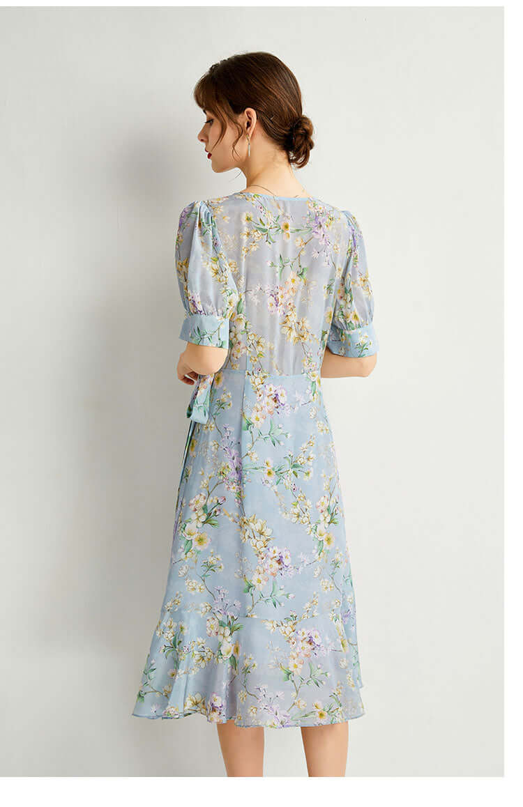 Blue Floral Silk Dress - SILKSER