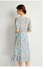 Blue Floral Silk Dress - SILKSER