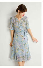 Blue Floral Silk Dress - SILKSER