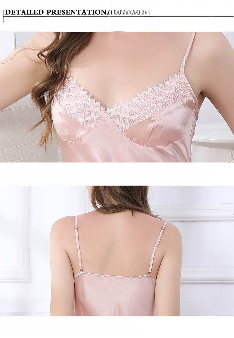 Breast Pads Strap Lace Silk Nightgown - SILKSER