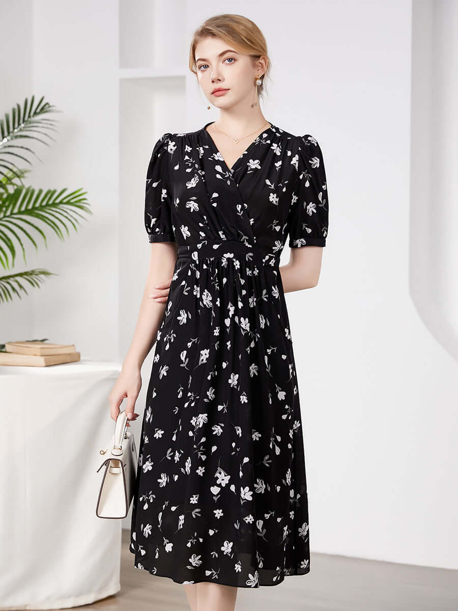 Chic Floral Mulberry Silk Dress - SILKSER