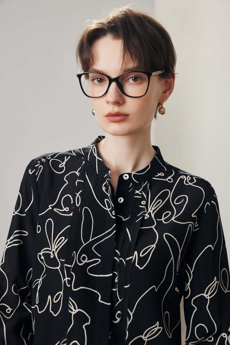 Chic Rabbit Pattern Silk Blouse - SILKSER