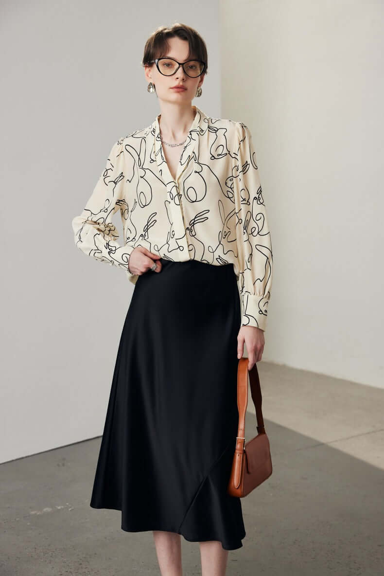 Chic V - neck Print Silk Blouse - SILKSER