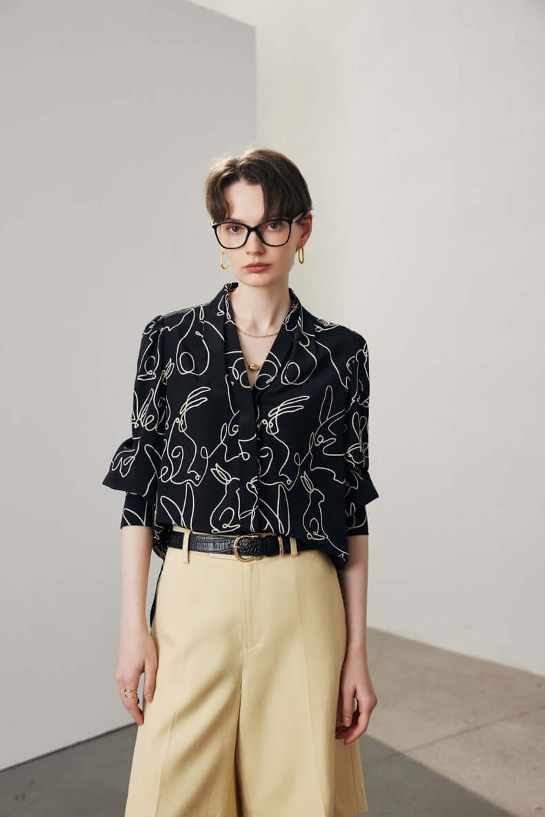 Chic V - neck Print Silk Blouse - SILKSER