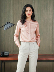 Chic Ruffled Silk Blouse-in pink-front-SILKSER