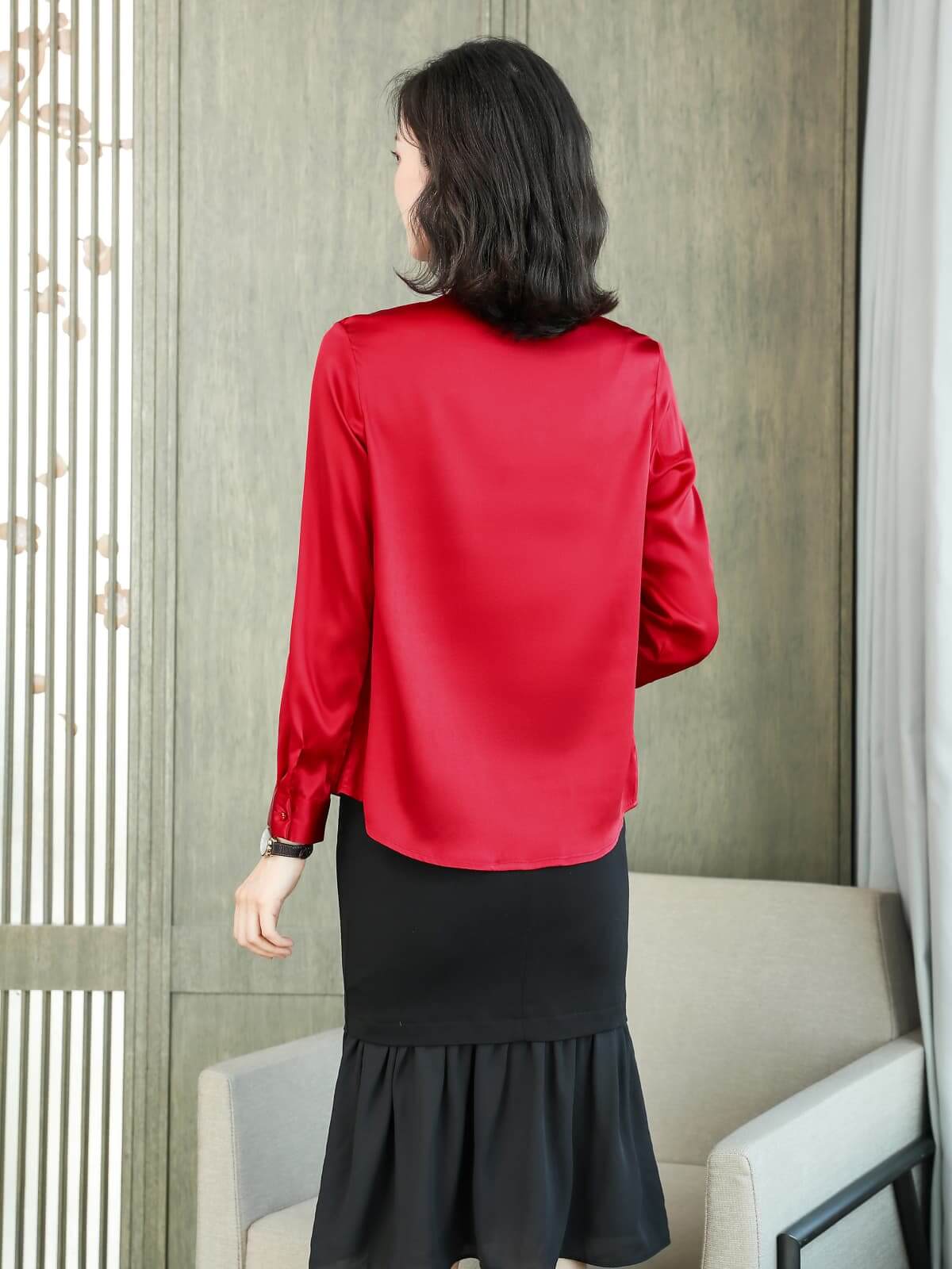 Chic Ruffled Silk Blouse-in red-back-SILKSER