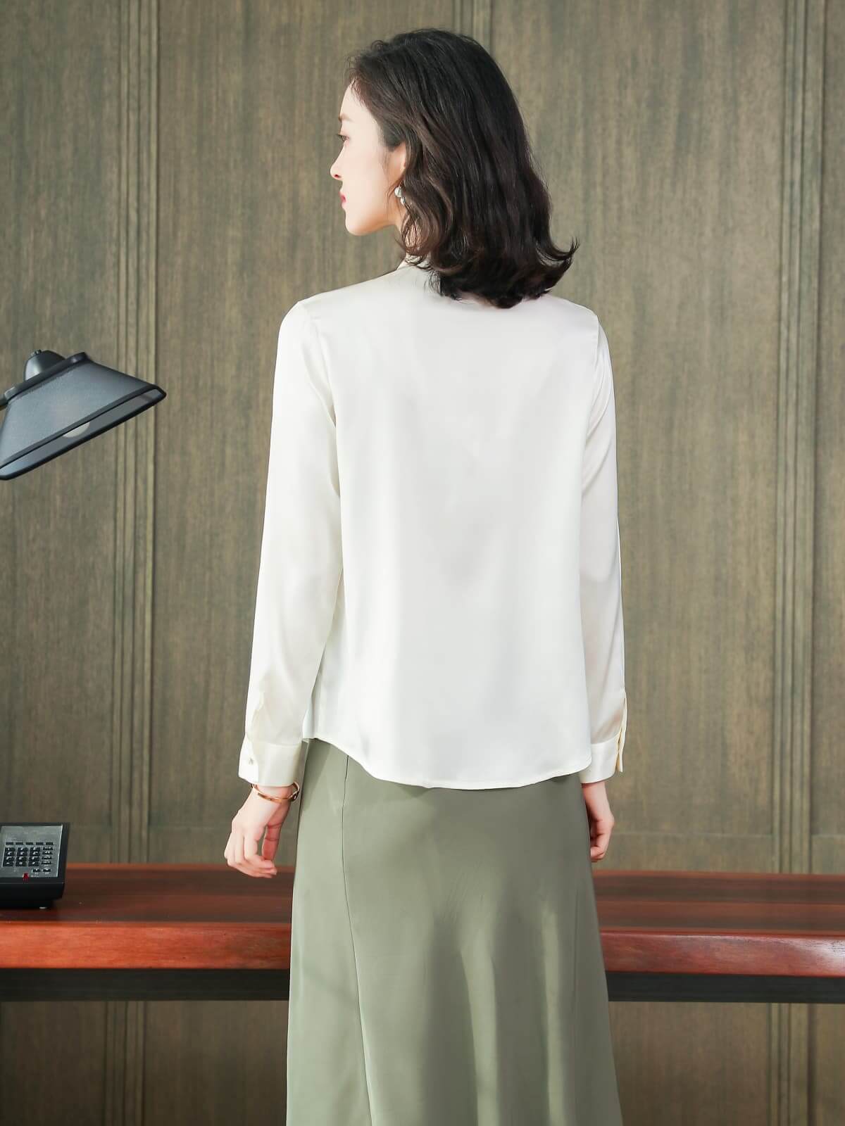 Chic Ruffled Silk Blouse-in white-back-SILKSER