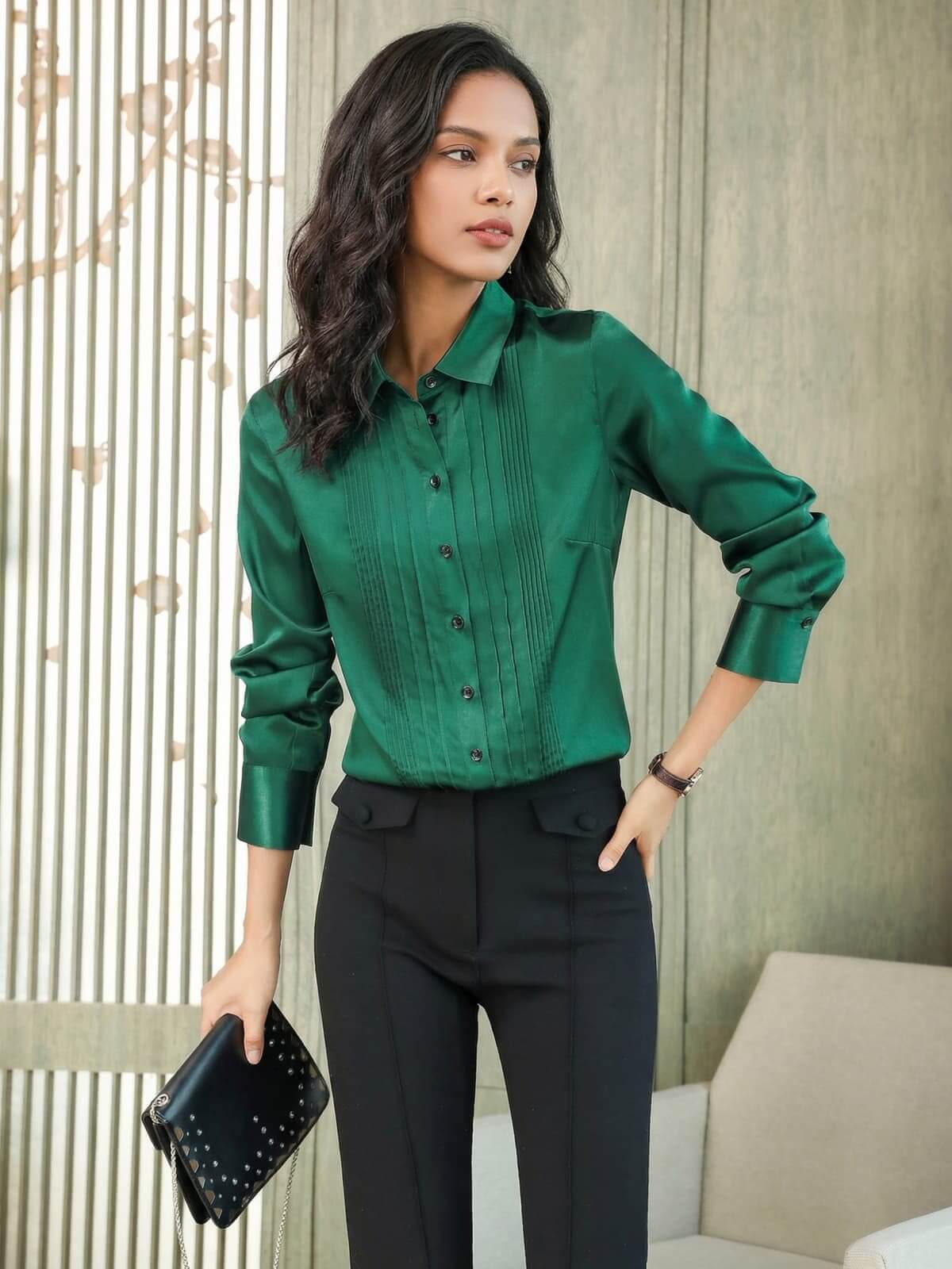 Solid - Color Polo - Neck Silk Blouse-in-green-front-SILKSER