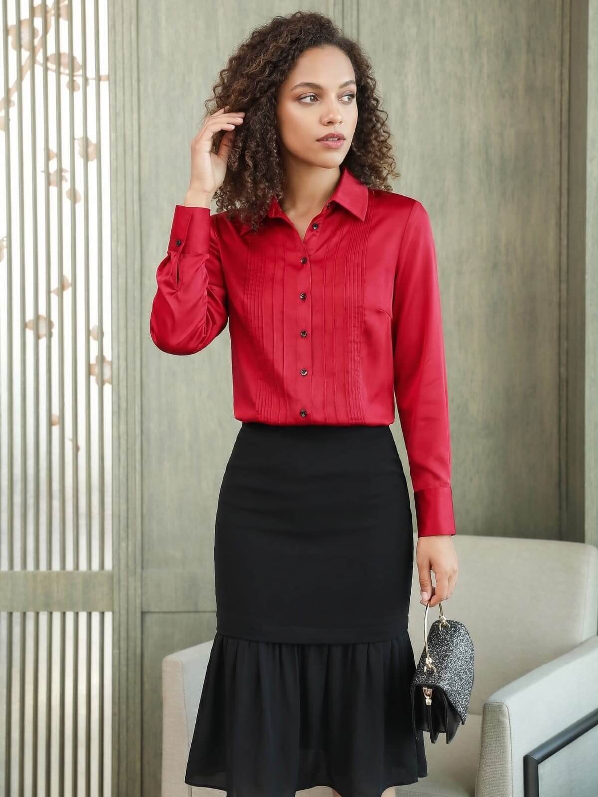 Solid - Color Polo - Neck Silk Blouse-in red-front-SILKSER