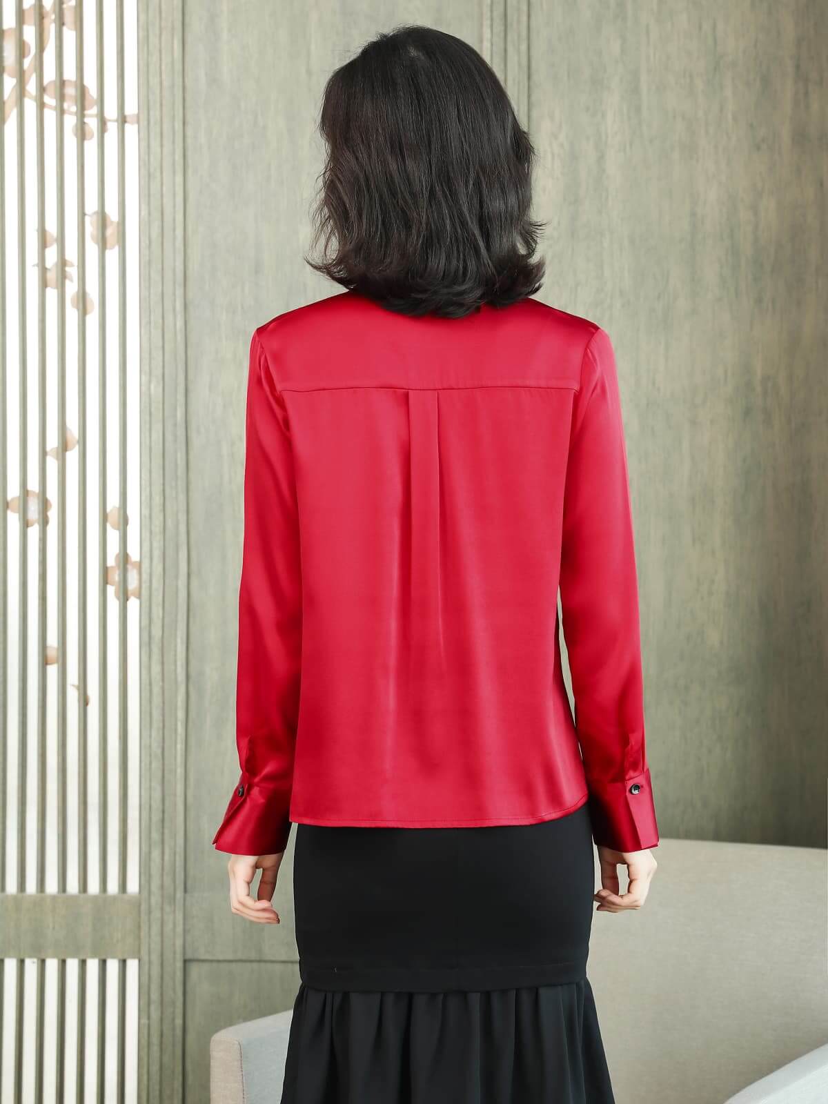Solid - Color Polo - Neck Silk Blouse-in red-back-SILKSER
