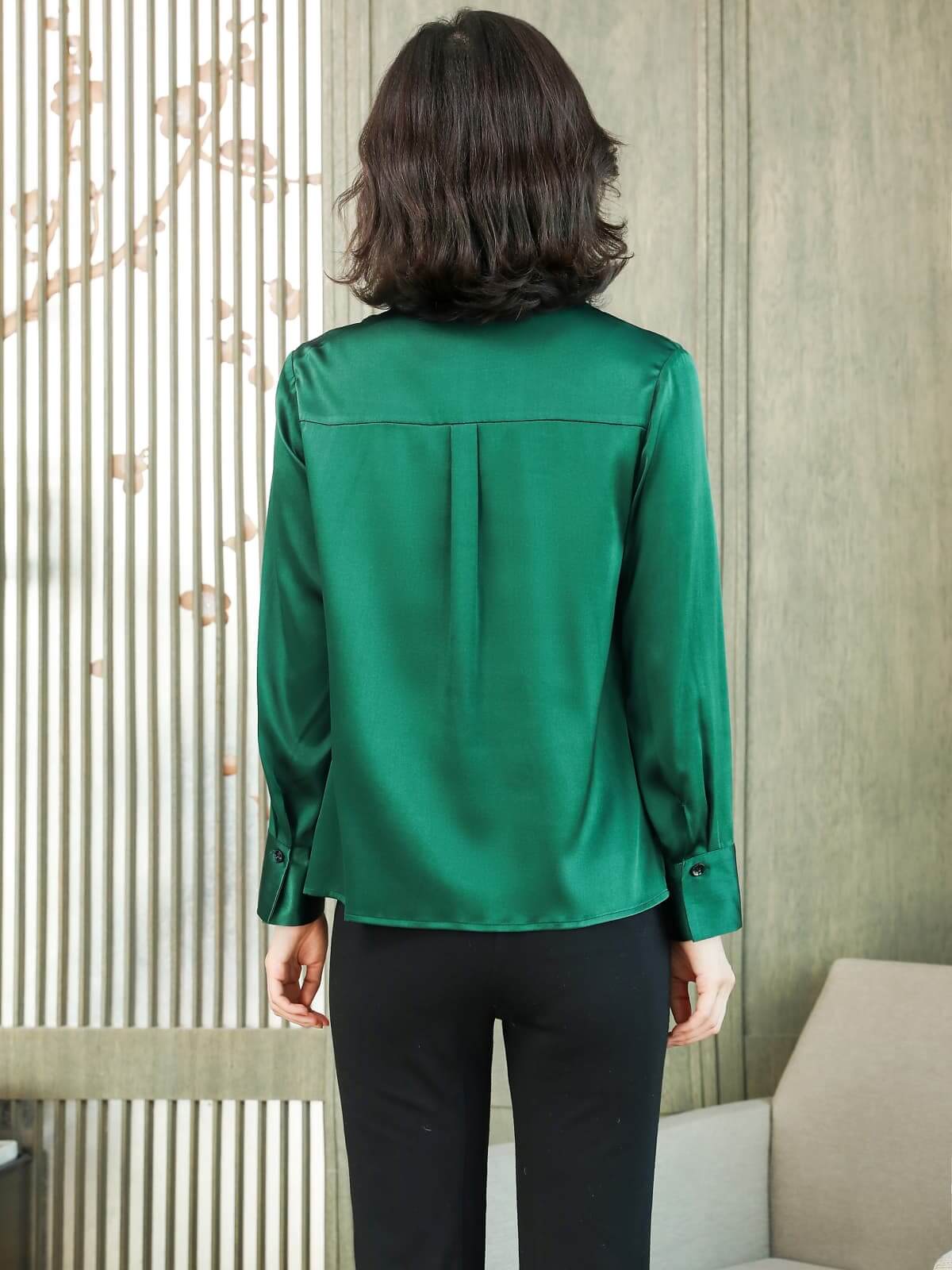 Solid - Color Polo - Neck Silk Blouse-in-green-back-SILKSER