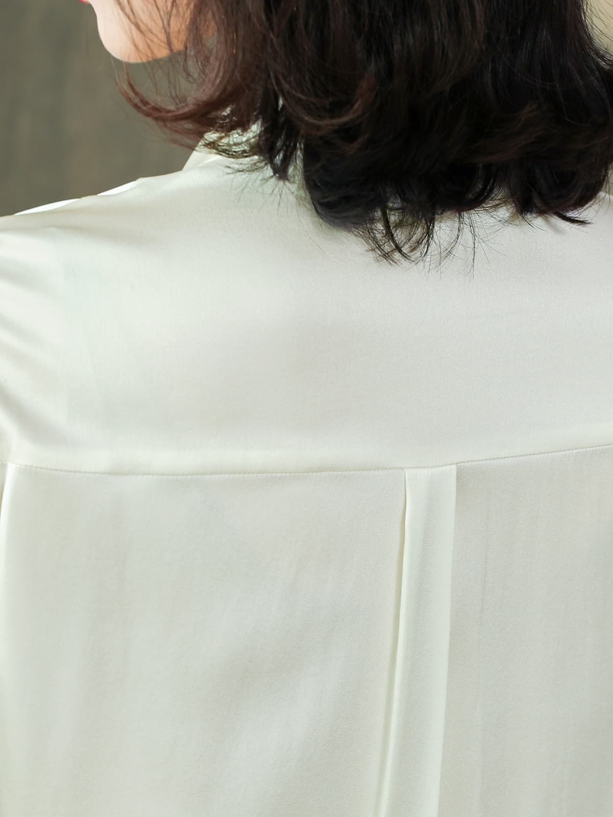 Solid - Color Polo - Neck Silk Blouse-back details-SILKSER