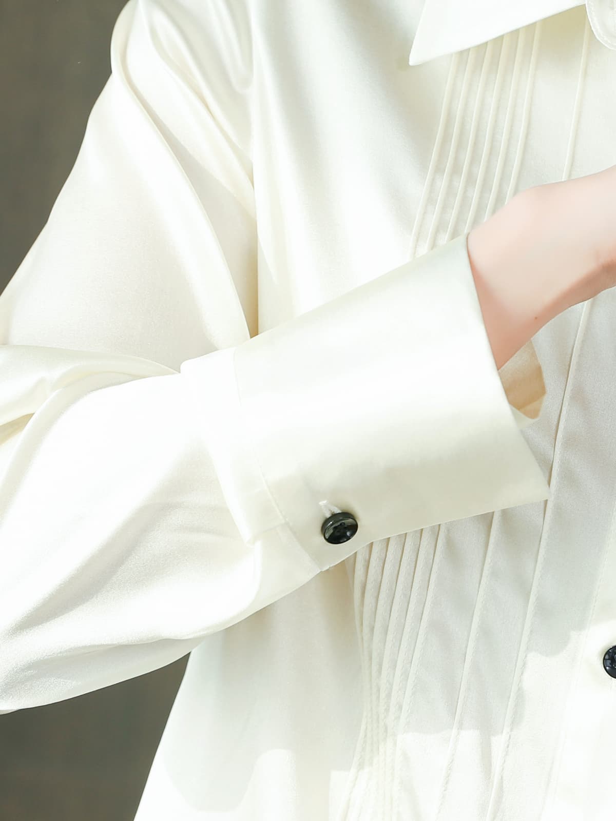 Solid - Color Polo - Neck Silk Blouse-sleeves details-SILKSER