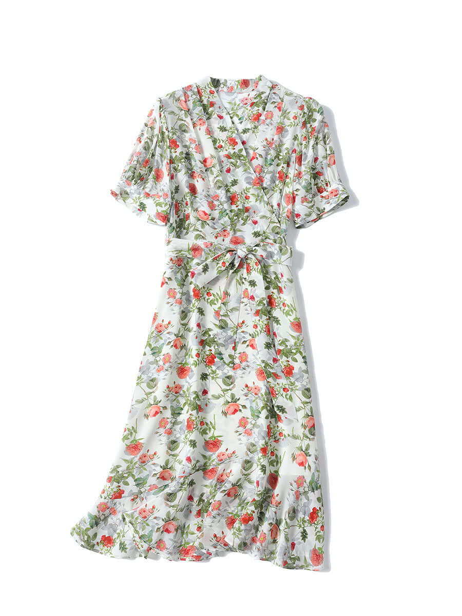 Elegant Floral Mulberry Silk Dress - SILKSER