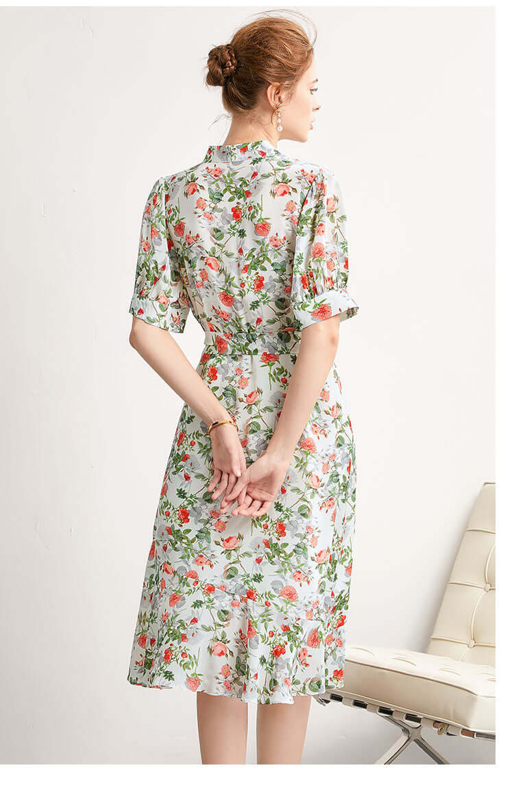 Elegant Floral Mulberry Silk Dress - SILKSER