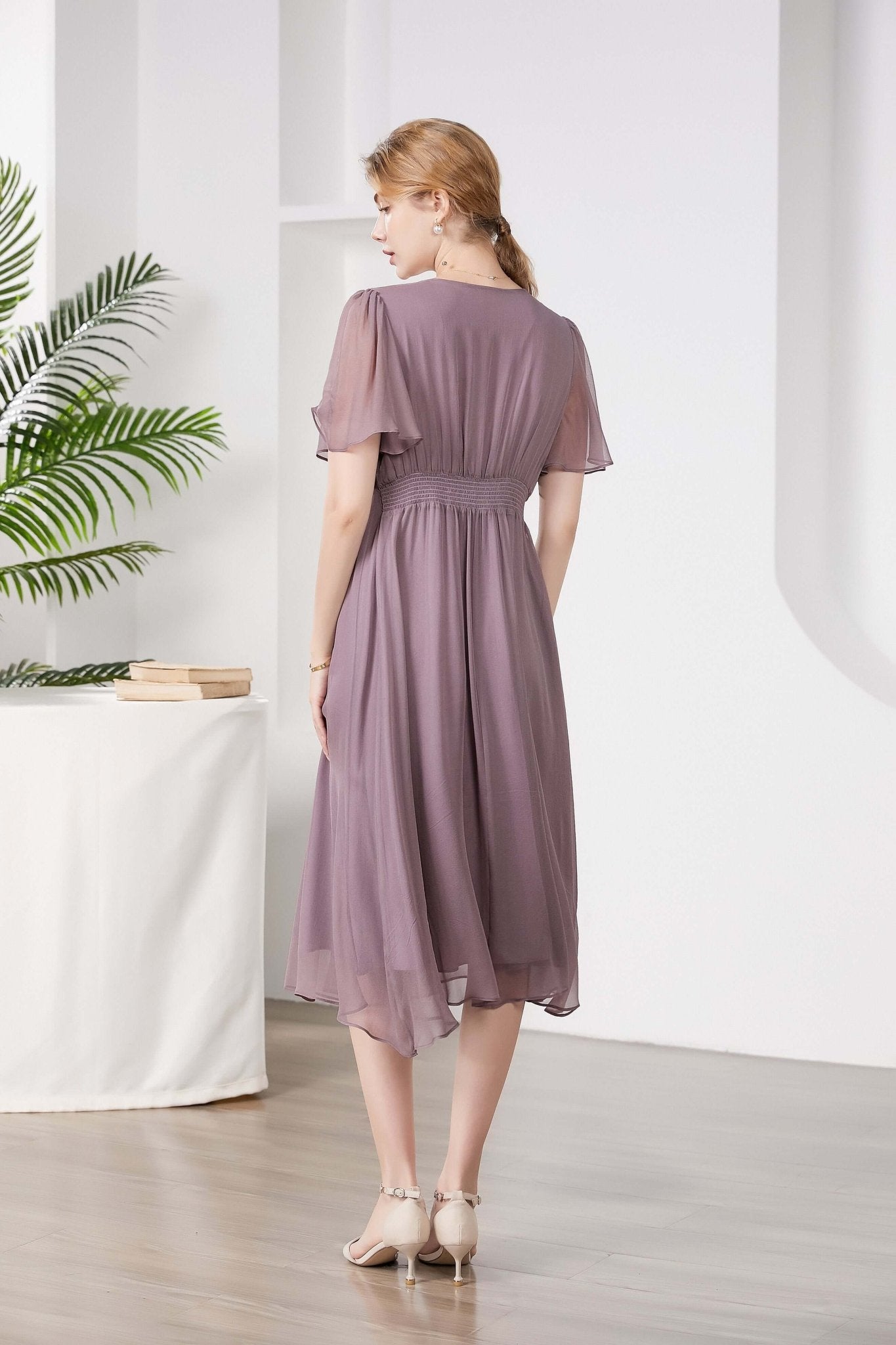 Elegant V - neck Mulberry Silk Dress - SILKSER