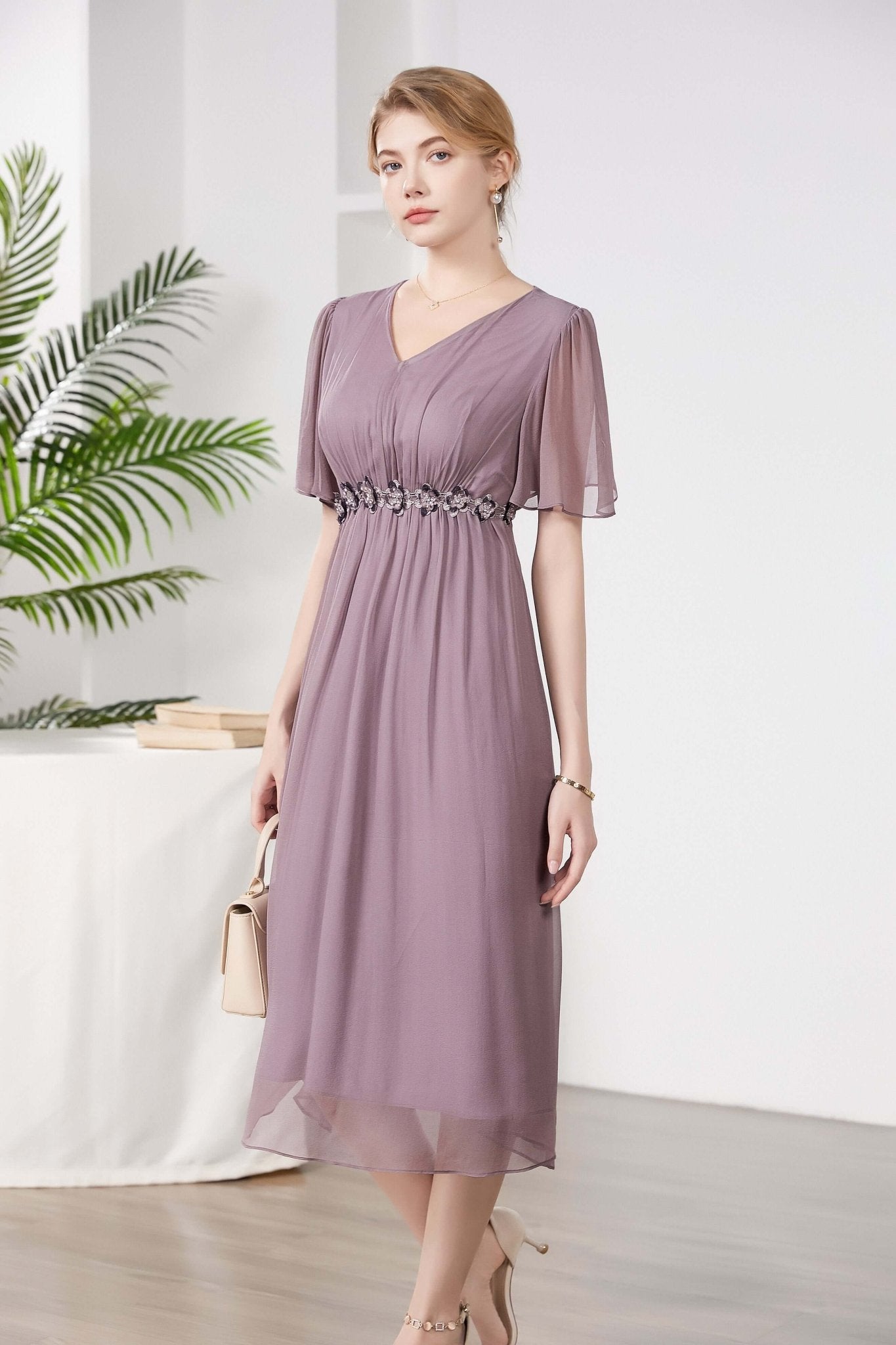 Elegant V - neck Mulberry Silk Dress - SILKSER