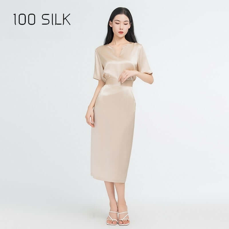 Elegant V - neck Shirt and Skirt Two - Piece Set - SILKSER