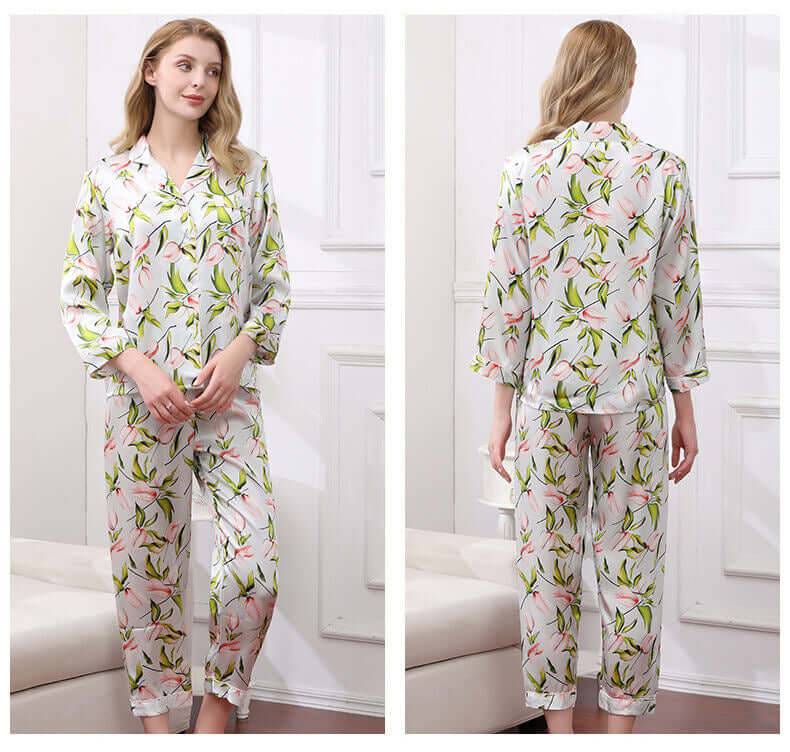 Floral Print Silk Pajama Set - SILKSER