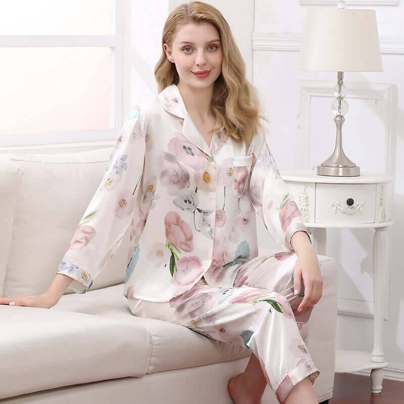 Floral Print Silk Pajama Set - SILKSER