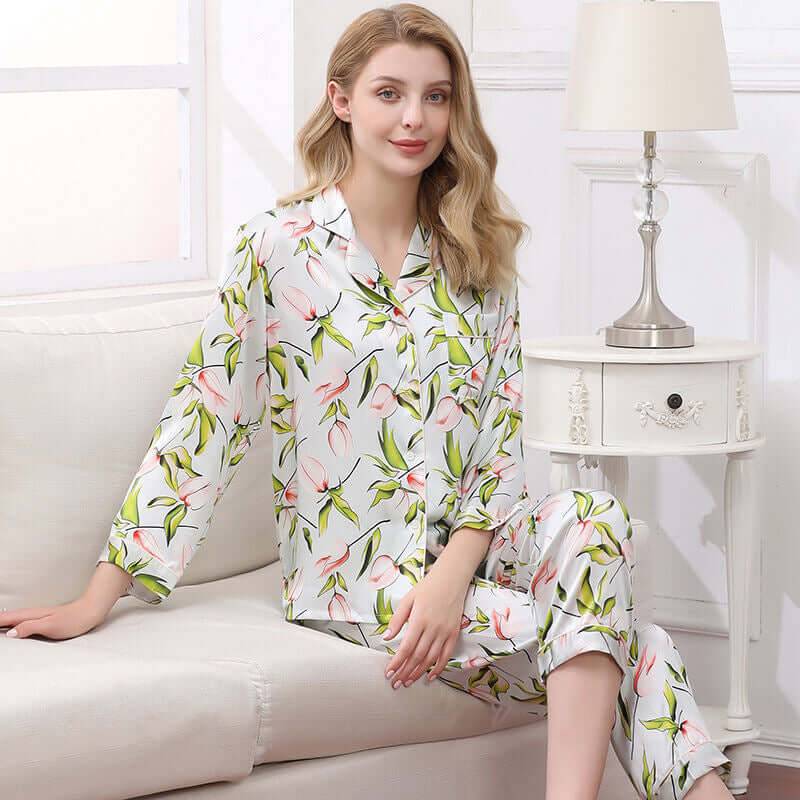 Floral Print Silk Pajama Set - SILKSER