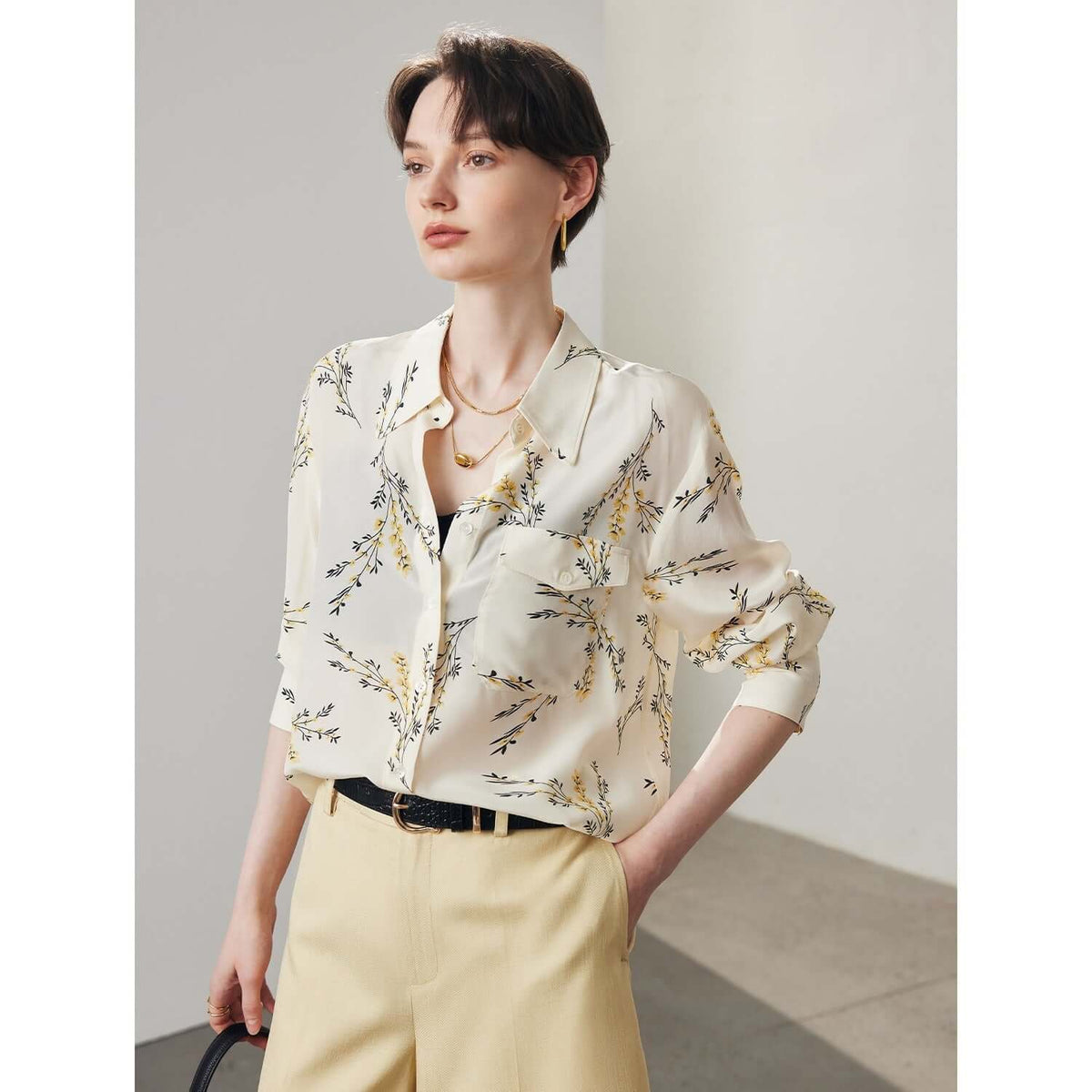 Floral Turn - down Collar Silk Blouse - SILKSER