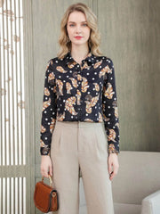 Jacquard Floral Mulberry Silk Blouse-in blue floral-front-SILKSER
